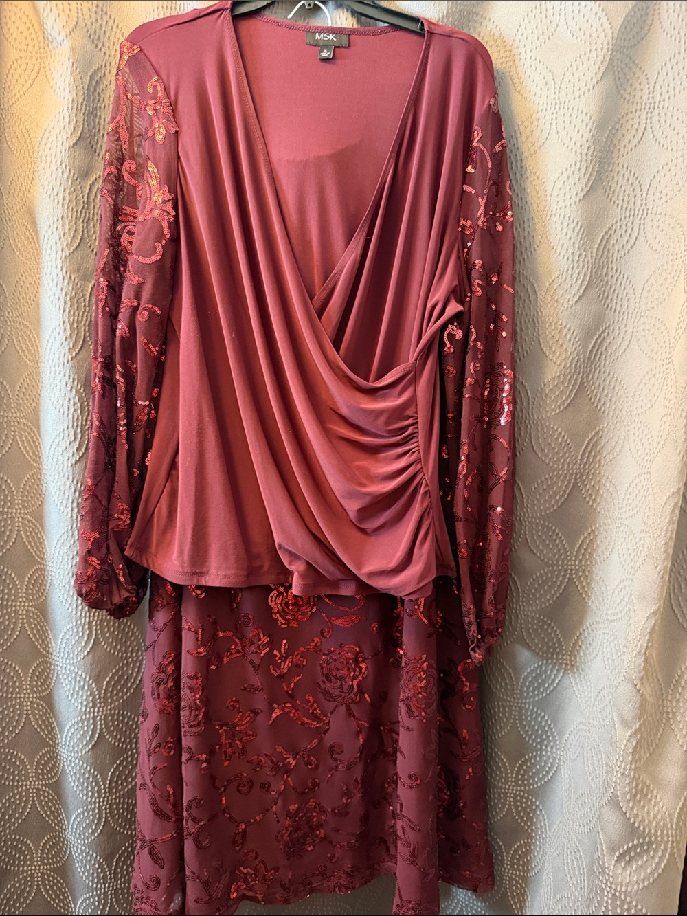 MSK Wine Burgundy Draped V-Neck Long Sleeve Evening Dress